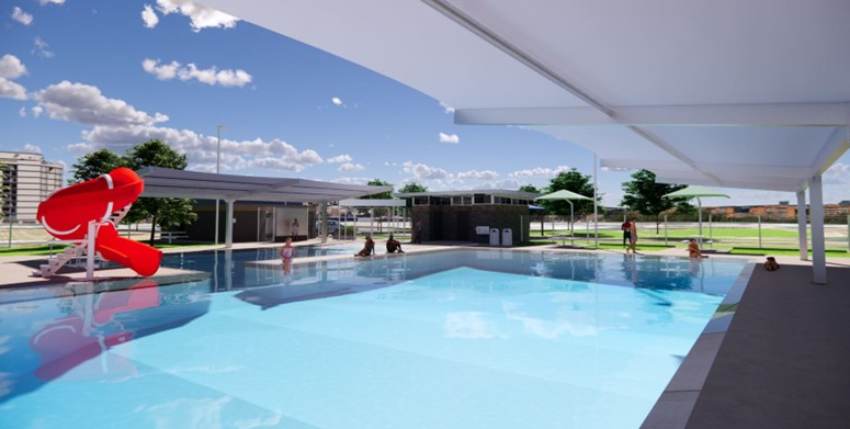 Rending of the pool looking east, showing a water slide and shade structures