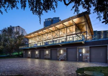 Looking toward Waller Creek Boathouse with city skyline in background