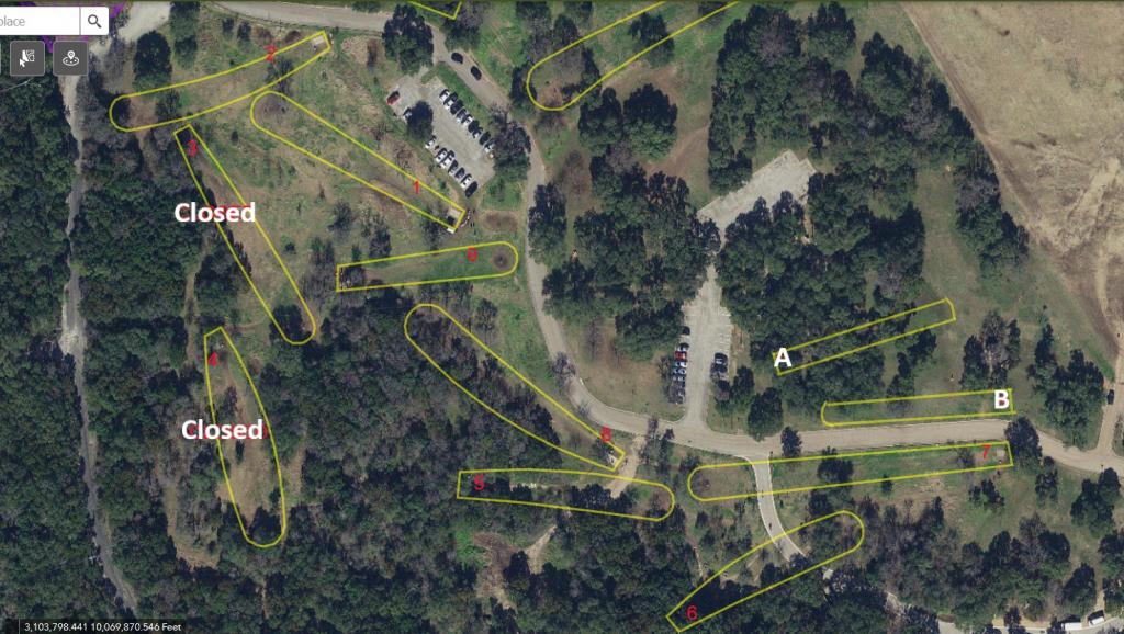Overhead image of Zilker Disc Golf Course showing holes 3 and 4 closed during construction