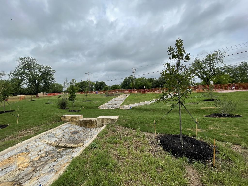 View of drainage canal surrounded by young pecan trees