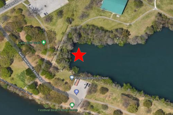 Aerial photo of planned permanent location of the Expedition School, located in an inlet behind the Festival Beach Boat Ramp.