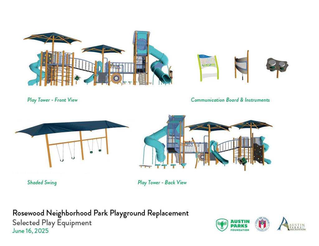 Renderings of new play equipment: Play tower front view showing structure slides, shade, bridges, communication board and instruments, shaded swings, back view of structure