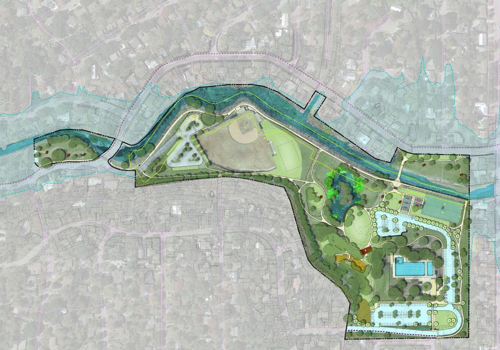 Overhead drawing of the Vision Plan showing outlines of the park, tree areas, play areas, parking, and pool