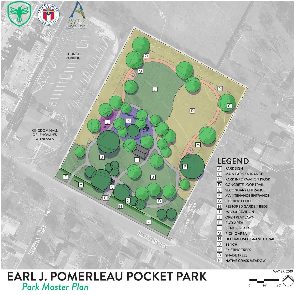 Pomerleau Park Master Plan: Placed to serve as the hub of the park, the pavilion is centered in the middle of the site for ease of access and safety. The layout combines both maintaned turf for flexible open space uses and the establishment of a native meadow for a portion of the site. There are many options for exploration through a meandering loop trail layout and connection walks while serving the neighborhood with many options for seating, gathering, exercise and play.