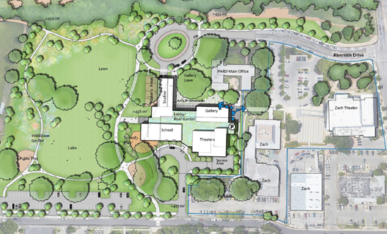 Overhead drawing of new Dougherty Arts facility with buildings and lawn areas and facilities around the center