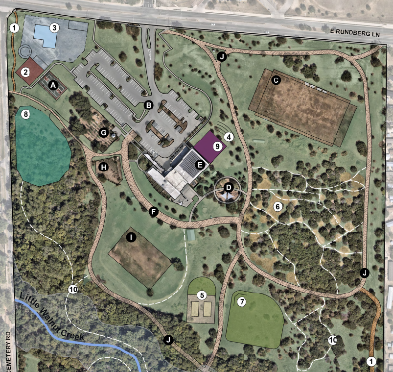Map of Gus Garcia district park showing numbers and letters explained below