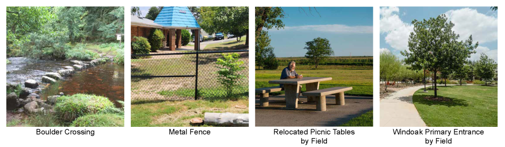 Images showing examples of what Concept 1 could include: Boulder crossing, Metal fence, Relocated picnic Tables by field, Windoak Primary entrance by field