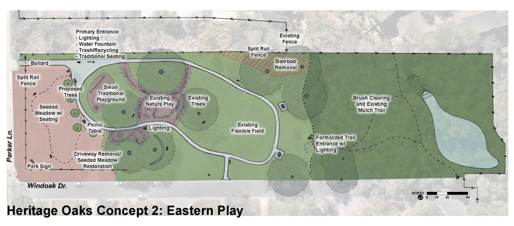 Overhead drawing of Concept 2 showing meadow and playground on the left and pond on the right