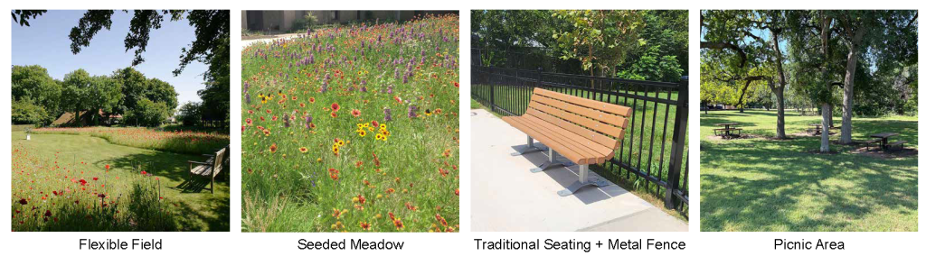 Woodland Concept 1 example images of possible features: Flexible field, Seeded meadow, Traditional seating and metal fence, picnic area