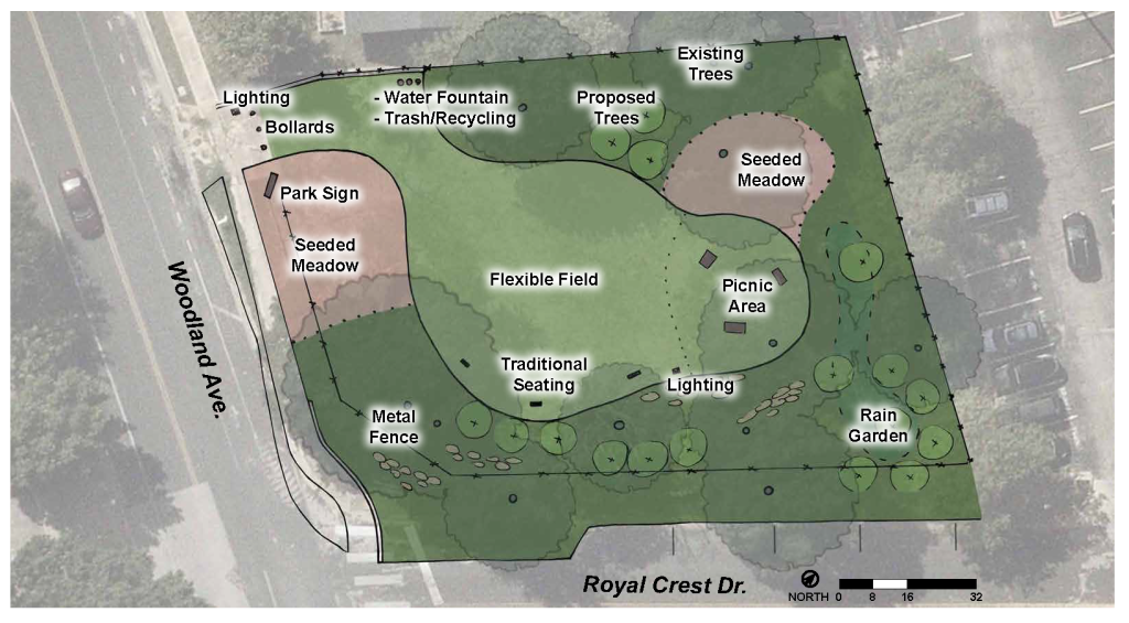 Overhead drawing of Woodland Concept 1 showing flexible field and boarder of park
