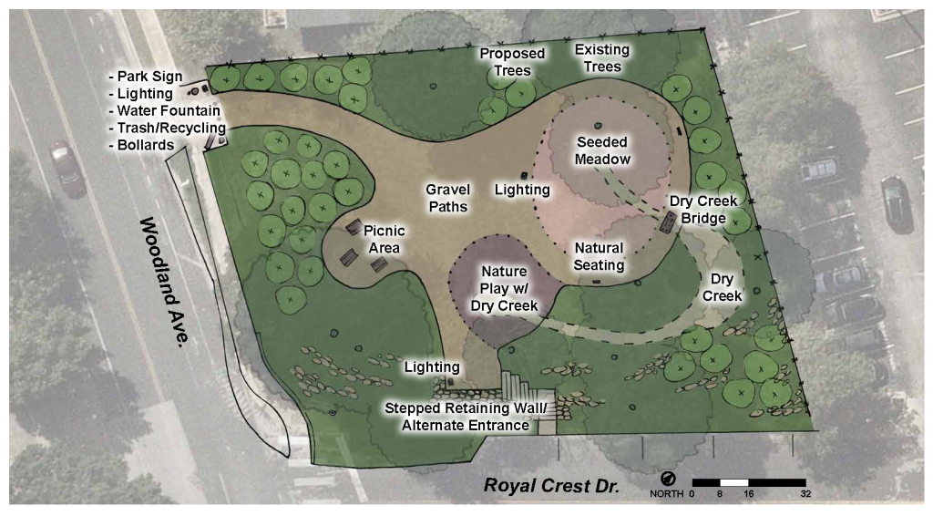 Overhead drawing of Concept 2 showing seeded meadow, gravel paths, dry creek and natural seating areas