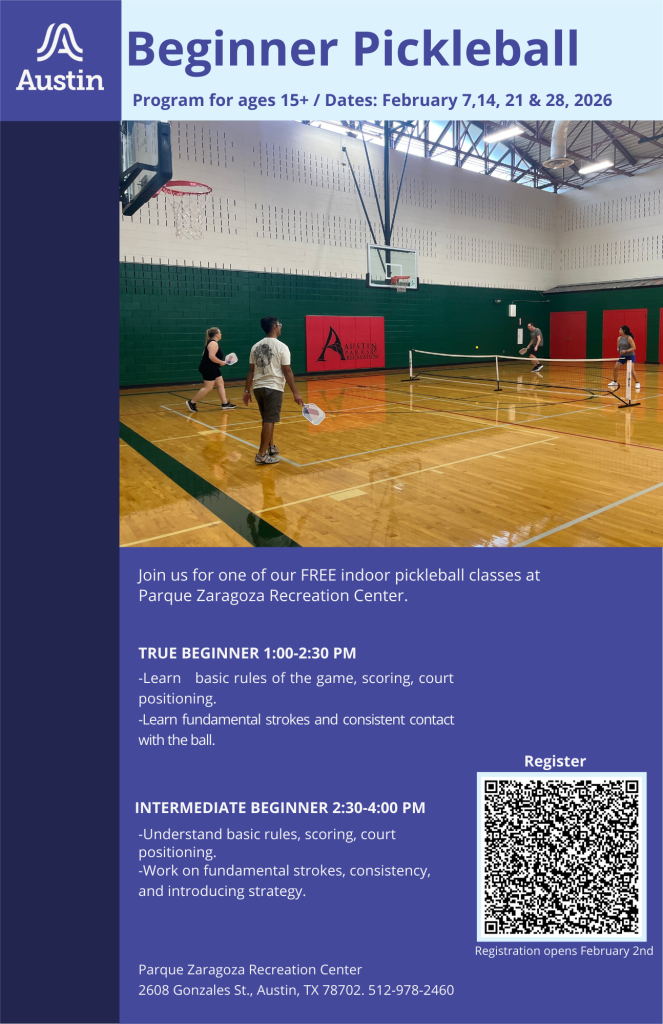 Flyer advertising beginner pickleball classes at Parque Zaragoza Rec Center starting Feb 7 