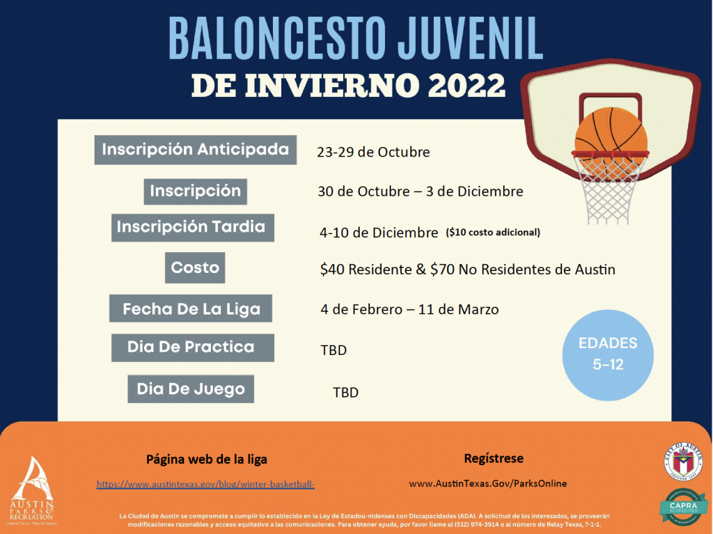 2022 Winter Youth Basketball Spanish flyer