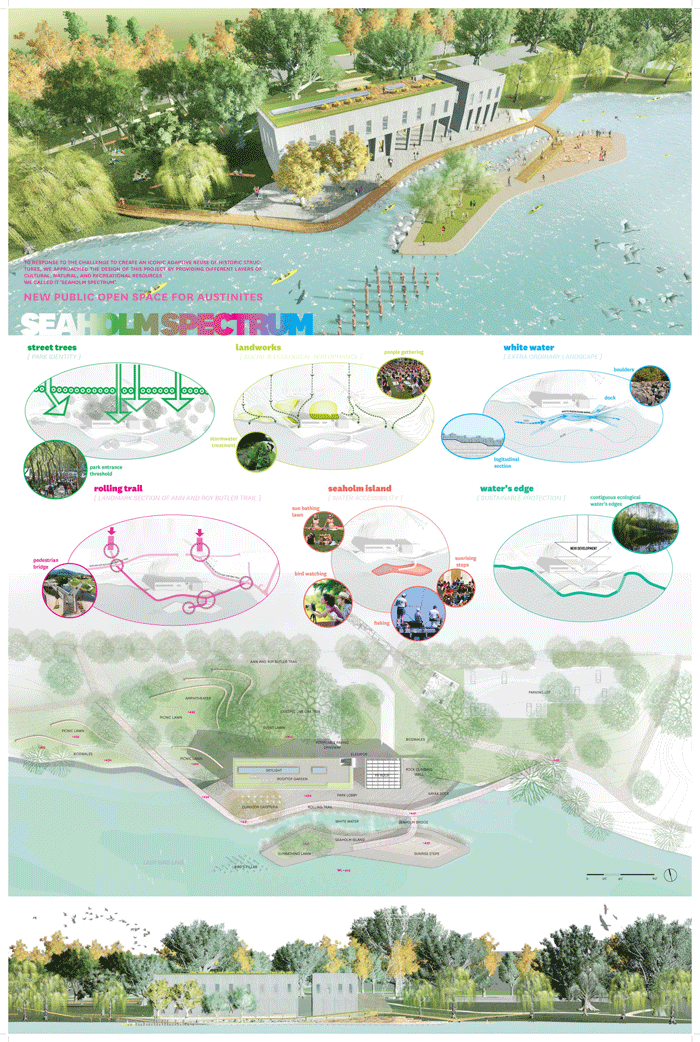 “New public open space for Austinites: Seaholm Spectrum”. This design features several picnic lawns, a sun deck, a white-water section, a manmade island, rock climbing wall, amphitheater, a rooftop garden and skylight, a kayak dock and more. For more information about this idea and others seen in this album, please go to, www.austintexas.gov/department/seaholmintake and comment on your favorite at, www.SpeakUpAustin.org 