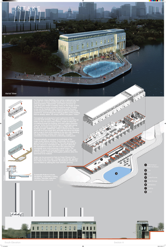 145 Gensler George - “Finding a new use for Seaholm Intake should be equally focused on the experience of Austin, the lifestyle that embodies that experience, and elevating the existing qualities of the building that we already adore. We simply call this new place “Intake.”’ This design includes a plaza/marketplace, a swimming pool, pedestrian bridge, rainwater collection, multi-use space, and vertically-folding glass partitions open up the space. For more information about this idea and others seen in this album, please go to, www.austintexas.gov/department/seaholmintake and comment on your favorite at, www.SpeakUpAustin.org 