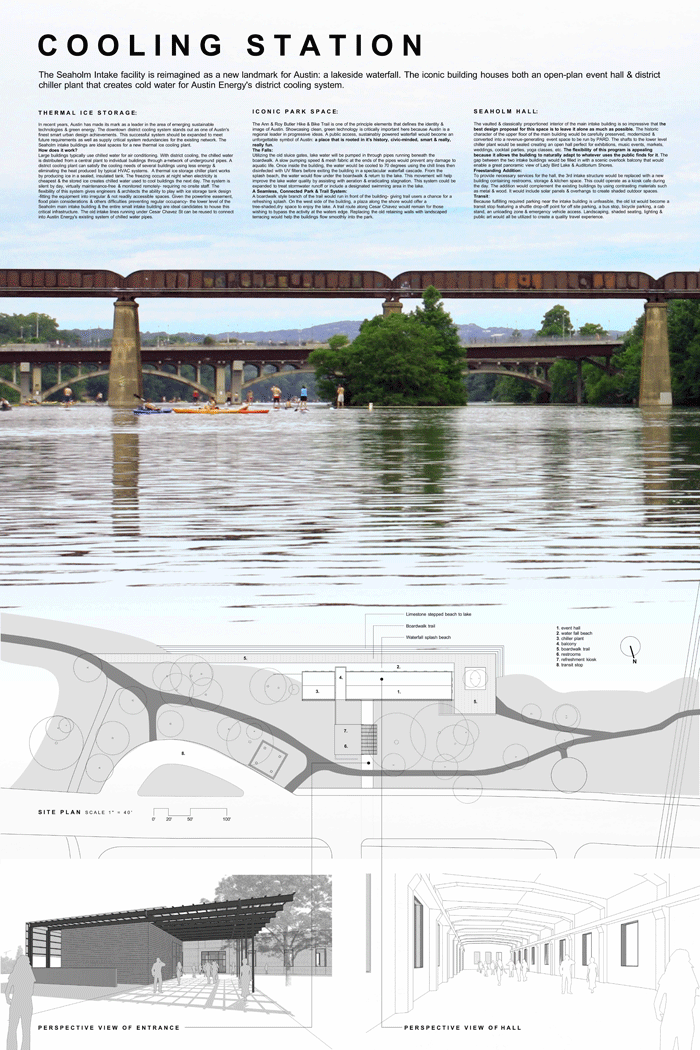 “Cooling Station: The Seaholm Intake Facility is reimagined as a new landmark for Austin: a lakeside waterfall”. This design features an open-plan event hall, a district chiller plant for Austin Energy’s district cooling system, a park and trail system, a waterfall, a boardwalk and more. For more information about this idea and others seen in this album, please go to, www.austintexas.gov/department/seaholmintake and comment on your favorite at, www.SpeakUpAustin.org