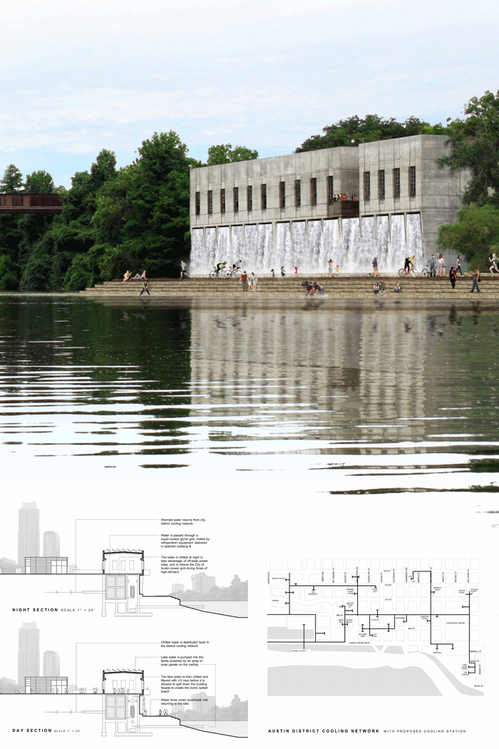 “Cooling Station: The Seaholm Intake Facility is reimagined as a new landmark for Austin: a lakeside waterfall”. This design features an open-plan event hall, a district chiller plant for Austin Energy’s district cooling system, a park and trail system, a waterfall, a boardwalk and more. For more information about this idea and others seen in this album, please go to, www.austintexas.gov/department/seaholmintake and comment on your favorite at, www.SpeakUpAustin.org