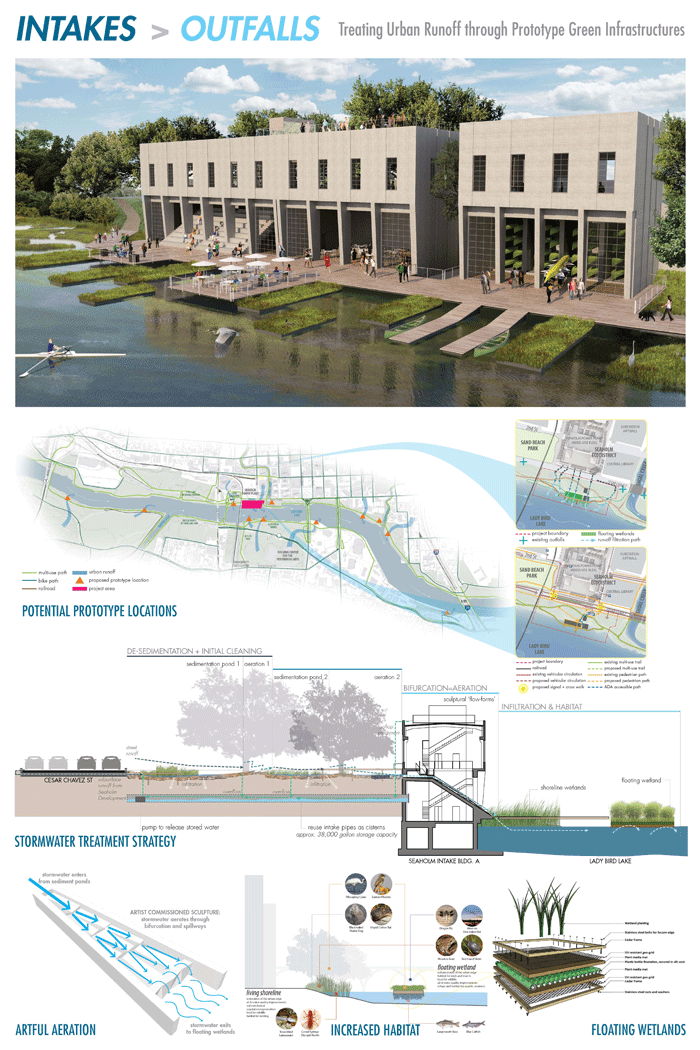 151 Surroundings - “Intakes > Outfalls: Treating Urban Runoff through Prototype Green Infrastructures”. This design features floating wetlands, an urban runoff filtering system, a juice/coffee bar, ADA parking space, kayak rental, green roof, viewing deck, amphitheater and more. For more information about this idea and others seen in this album, please go to, www.austintexas.gov/department/seaholmintake and comment on your favorite at, www.SpeakUpAustin.org