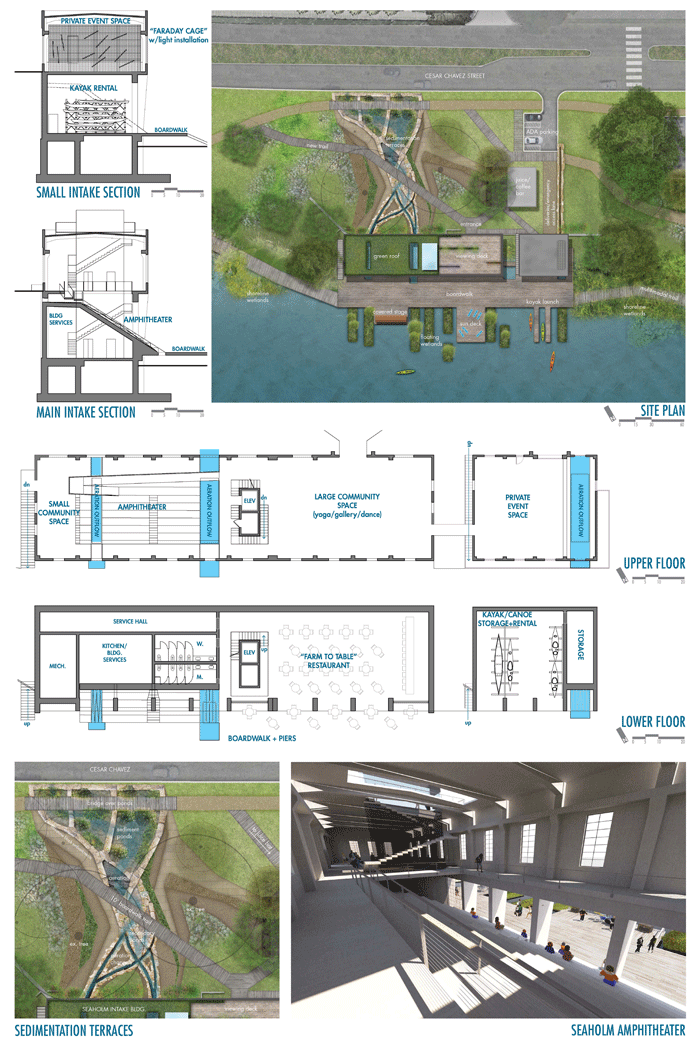 151 Surroundings - “Intakes > Outfalls: Treating Urban Runoff through Prototype Green Infrastructures”. This design features floating wetlands, an urban runoff filtering system, a juice/coffee bar, ADA parking space, kayak rental, green roof, viewing deck, amphitheater and more. For more information about this idea and others seen in this album, please go to, www.austintexas.gov/department/seaholmintake and comment on your favorite at, www.SpeakUpAustin.org