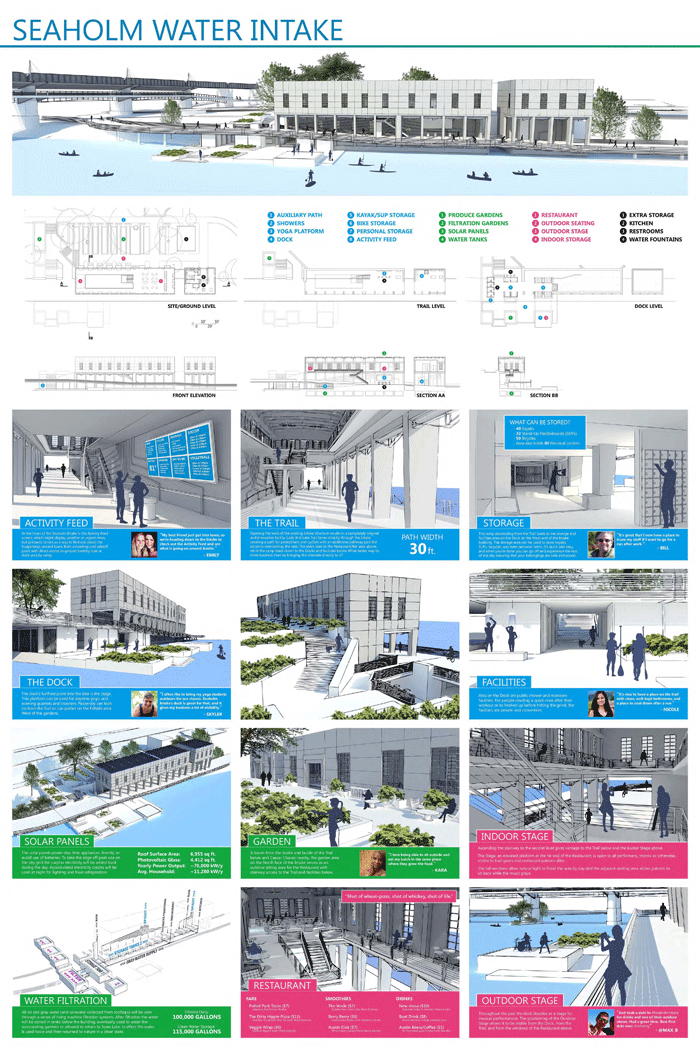 “Seaholm Water Intake” - This design features an activity feed for Austin, a 30ft wide trail, storage for kayaks, stand-up paddle boards, and bikes, restroom and shower facilities, a dock, solar panels, garden, an indoor stage as well as an outdoor stage and more. For more information about this idea and others seen in this album, please go to, www.austintexas.gov/department/seaholmintake and comment on your favorite at, www.SpeakUpAustin.org