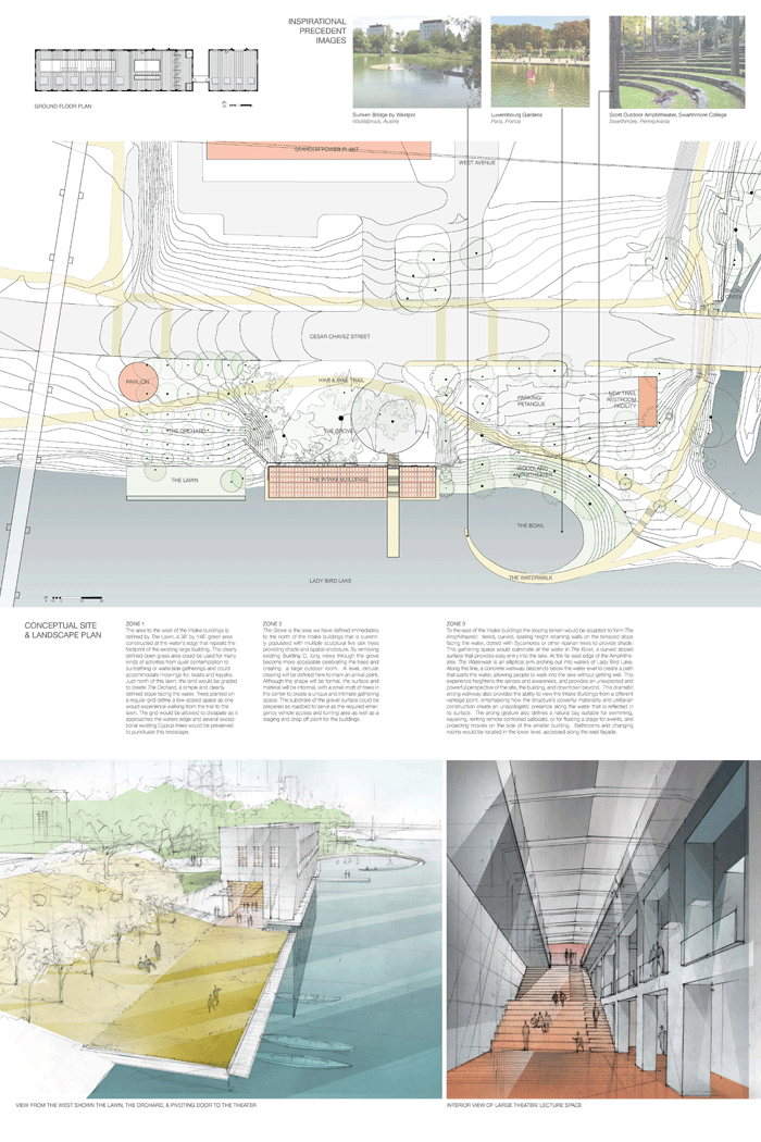 “A new vision for the Seaholm Intake Facility: maximizing potential through minimal intervention”. This design features an event hall, with central double height event space, a large theater space on the west end, a lake-assisted thermal cooling system, natural light, solar panels, native flora, a lakefront lawn, bathrooms, changing rooms, outdoor tiered seating and more. For more information about this idea and others seen in this album, please go to, www.austintexas.gov/department/seaholmintake and comment on your favorite at, www.SpeakUpAustin.org