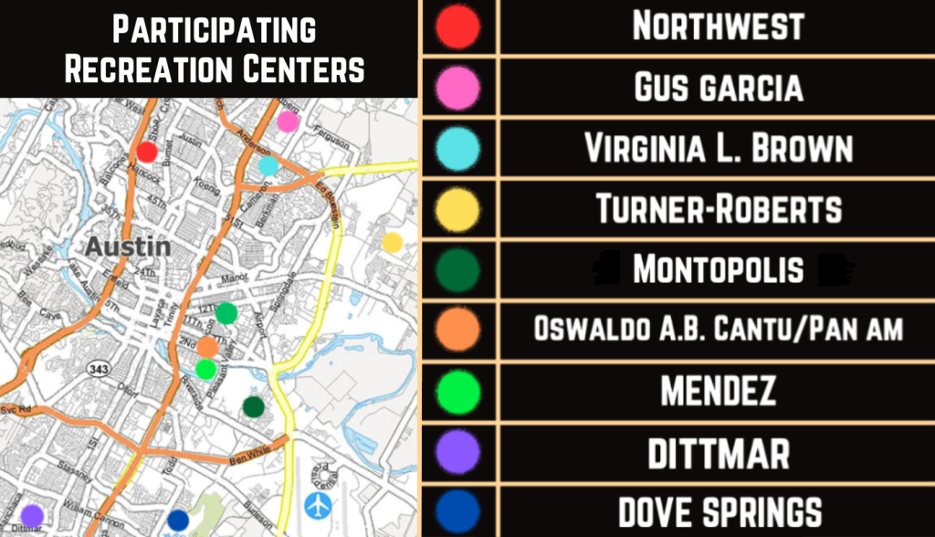 A map showing the locations of the following recreation centers: Northwest, Gus Garcia, Virginia L Brown, Turner Roberts, Montopolis, Oswaldo A.B Cantu/Pan Am, Mendez, Dittmar, and Dove Springs. For assistance figuring out which recreation centers are near you, please email tcta@austintexas.gov