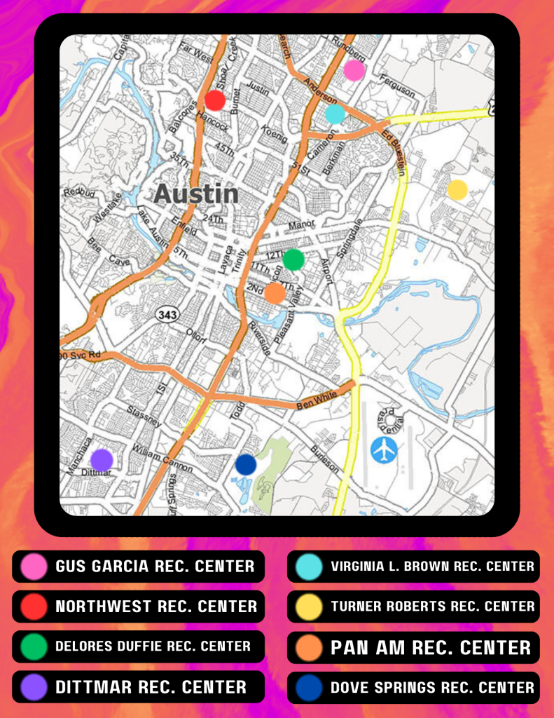 A map that shows the locations of the participating recreation centers including Gus Garcia, Northwest, Delores Duffie, Dittmar, Virginia L Brown, Turner Roberts, Pan Am and Dove Springs. For help locating which participating recreation center is nearest to you, please give us a call at (512) 978-2477