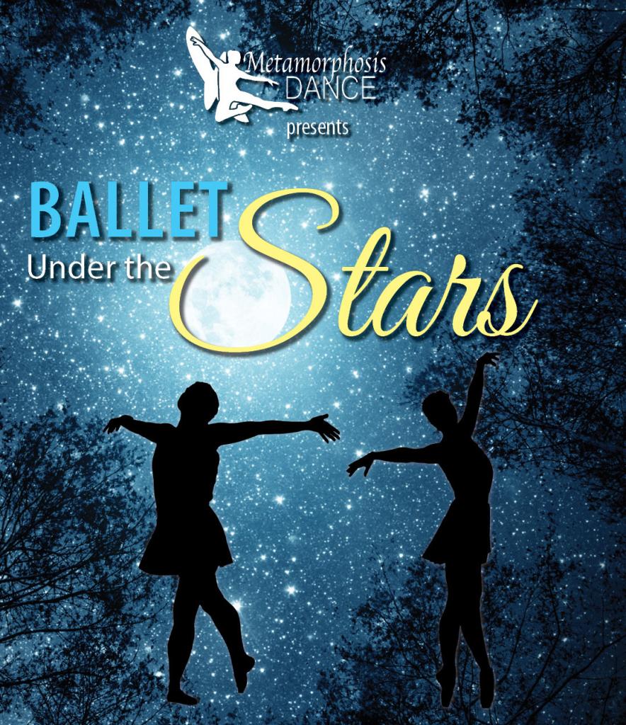 An image of the night sky and two ballerinas dancing in silhouette with the text 'Metamorphosis Dance presents Ballet Under the Stars' 