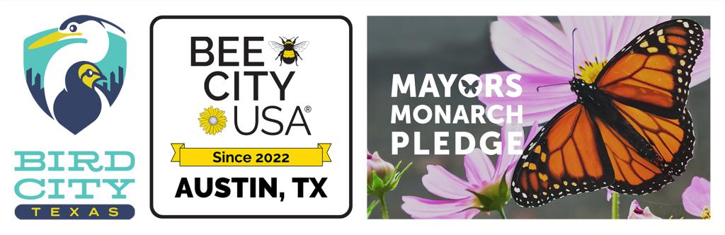 Logos of Bird City Texas, Bee City USA and Mayor's Monarch Pledge