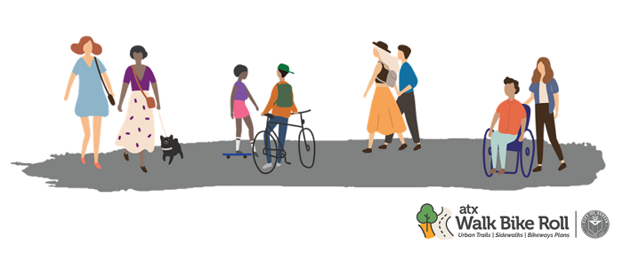 Graphic of people standing with bikes, walking, and using a wheelchair.