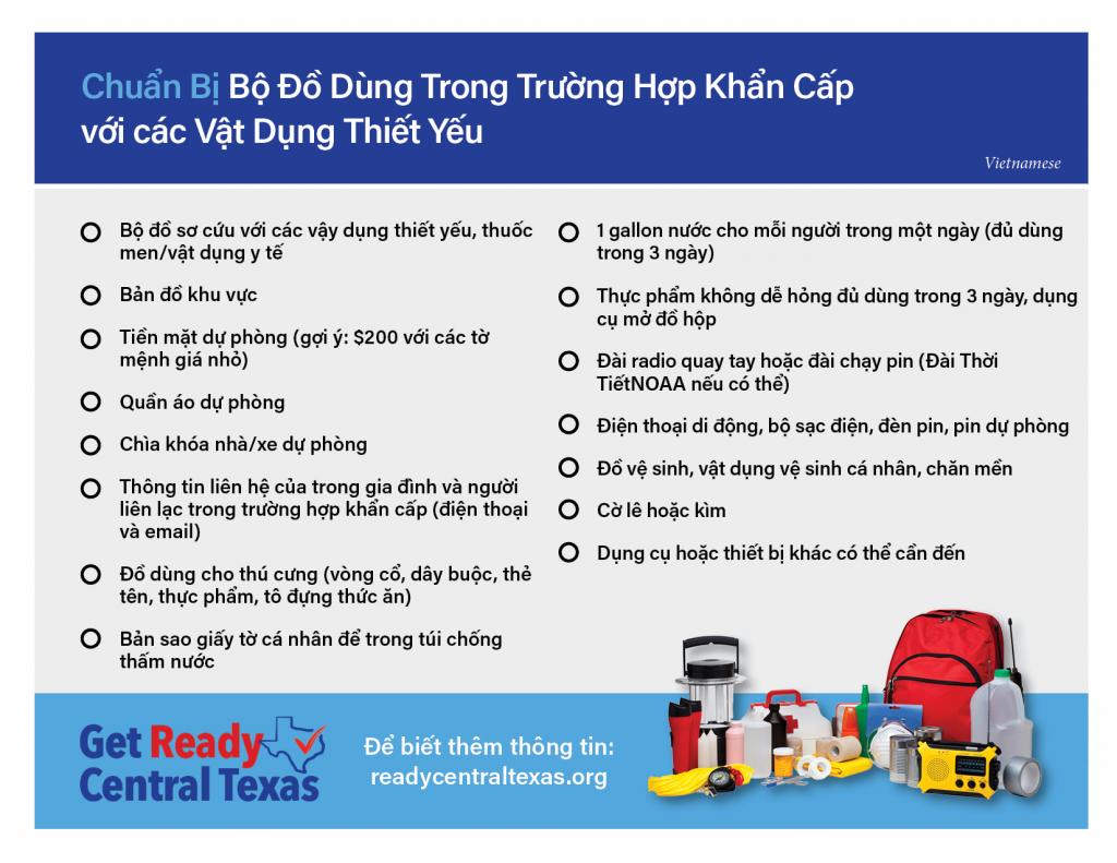 Ready Central Texas Emergency Supply Kit List- Vietnamese