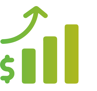 An icon of a bar chart with lines growing upward. A dollar sign is next to it.