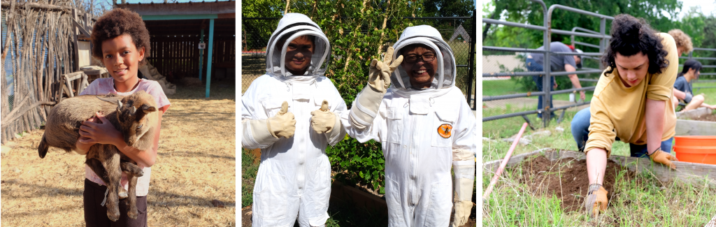 Photos of Bright Green Future Grant Projects: a student holds a goat, students in bee suits, a student tills a garden,