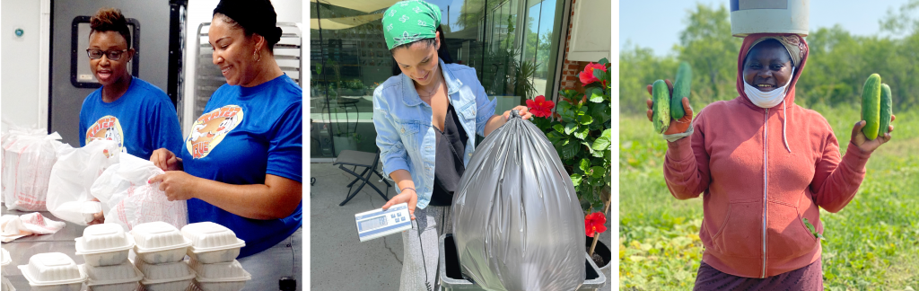 Three photos of Food Justice Mini Grant projects: people package meals, a woman weighs compost, a farmworker holds up cucumbers in a field.