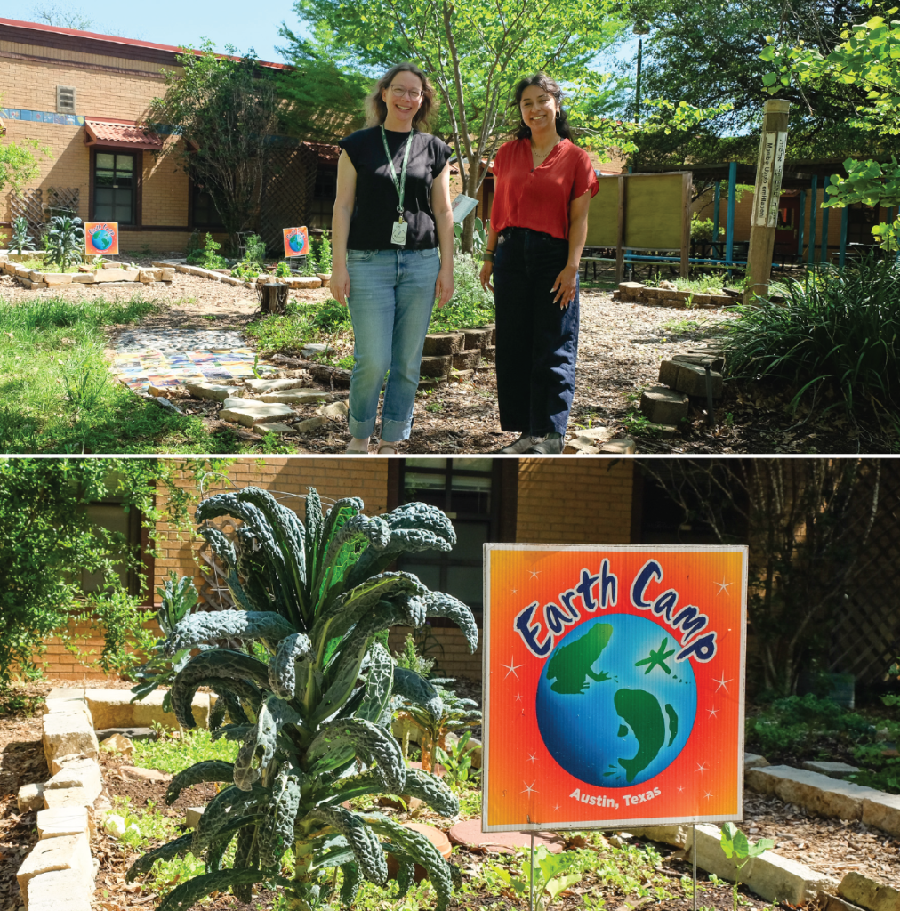 Top to Bottom: Colleen Garland stands in the OWL Center garden with Joanna Orozco. Sign next to a kale plant that reads, “Earth Camp.”