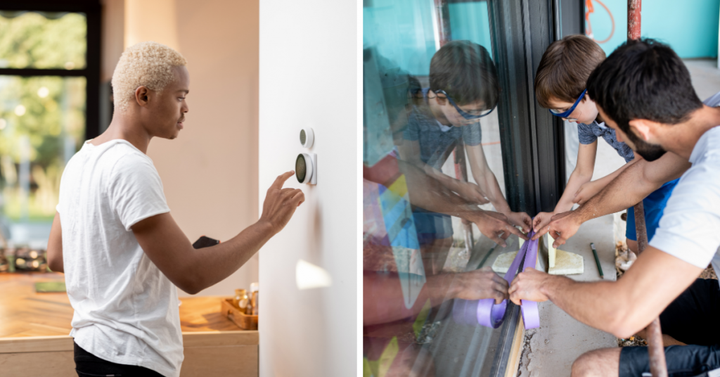 Two photos. On the left, a man turns his thermostat up. On the right, a father and son work on weather stripping a glass window.