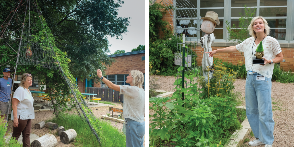 Left to right: Abbey points out the canopy they built out of scrap materials; Abbey points out the fruits and vegetables in the Zilker garden.