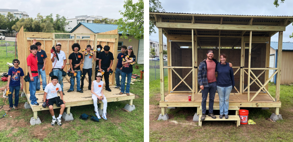 Left: Students pose on the nearly finished barn. Right: Joelle and Colin smile in front of the completed barn.
