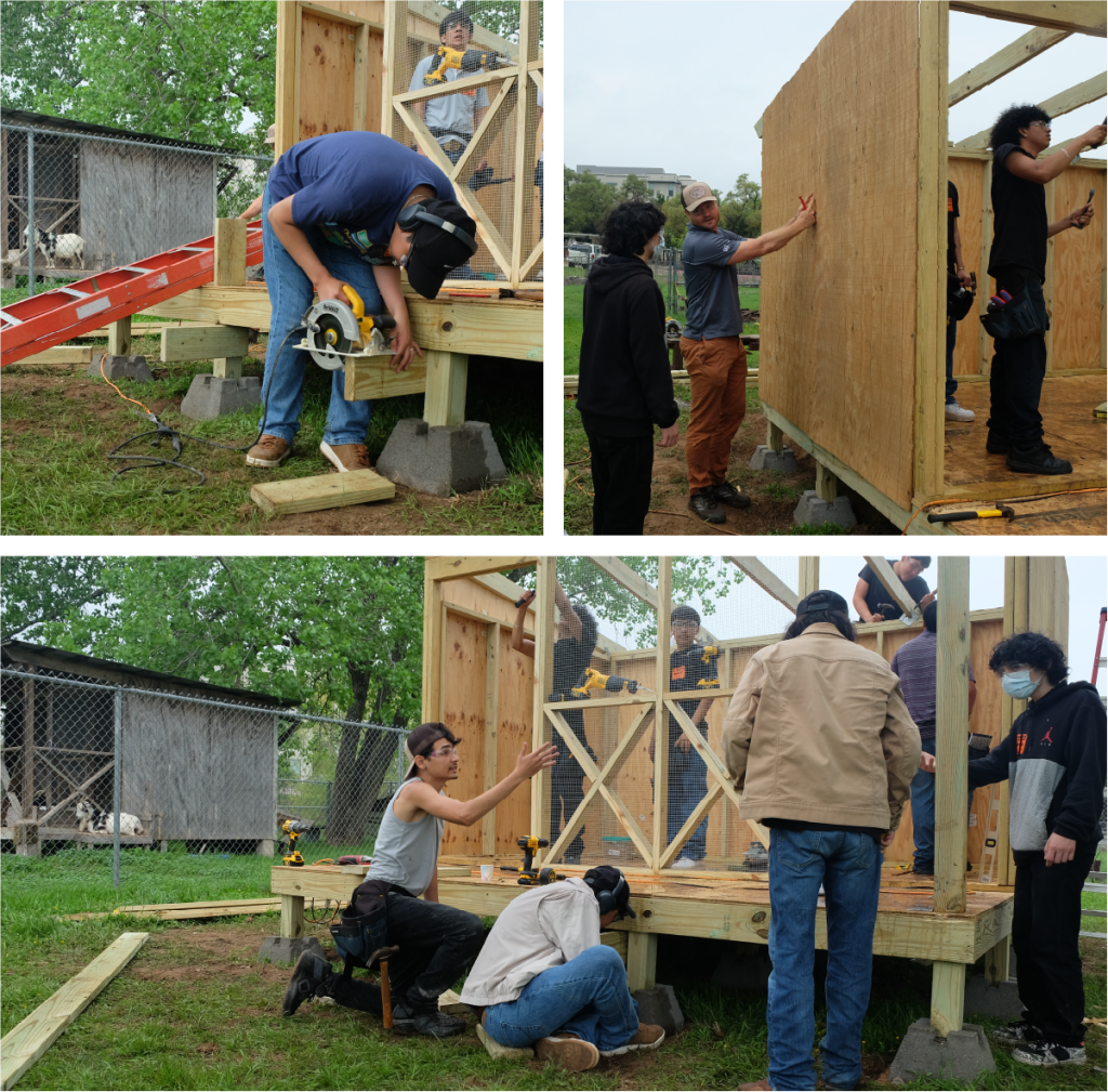 Three photos. Clockwise from top left: A student uses an electric hand saw on a structural beam; Mr. Bugge shows a student where to add screws on the outside of the barn; students communicate ideas for how to accomplish the build.