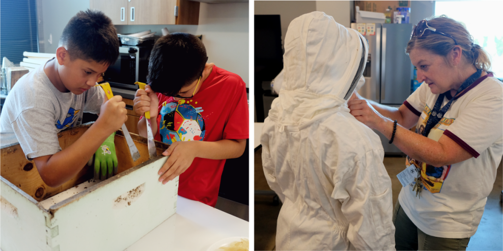 Left: Steve and Tadeo clean a bee hive. Right: Stacey helps Steve and Tadeo put their beekeeping suits on.