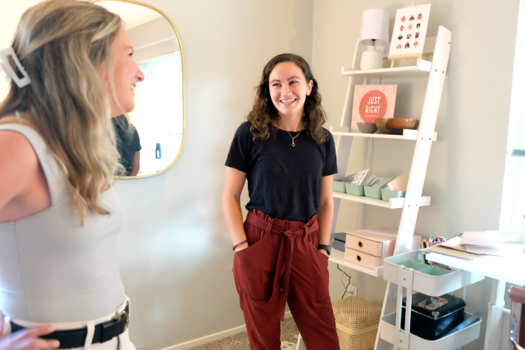 Ashleigh laughs with Claire in Just Right Design Co.'s home studio.