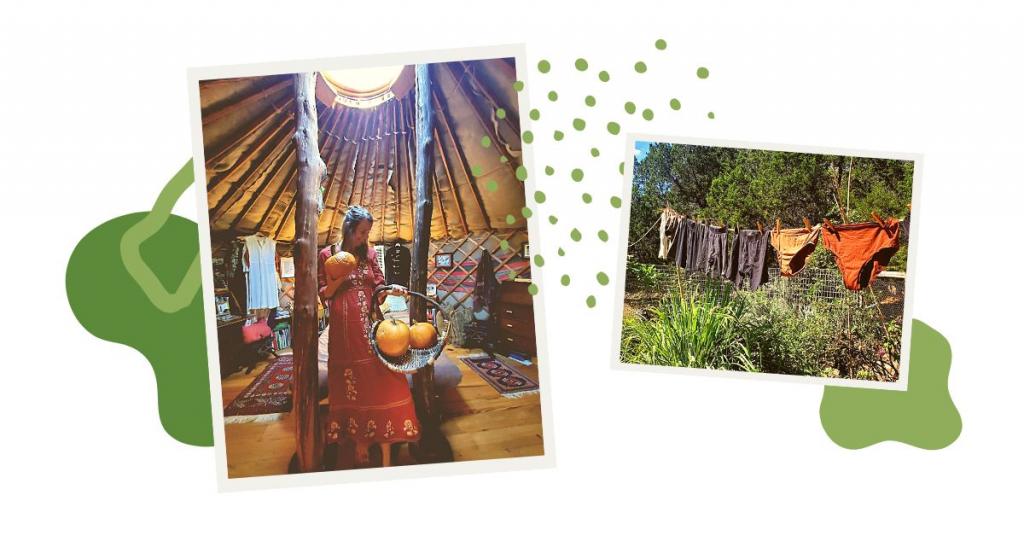 A photo of Karlee in her yurt; clothes drying on an outdoor clothes line above a garden.