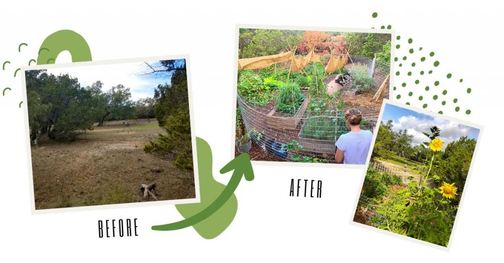 Photos showing the before and after of Karlee's garden. The after photos show a lush, well maintained space with vegetables and sunflowers.