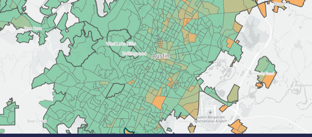 A map of Austin overlayed with Tree Equity Scores.