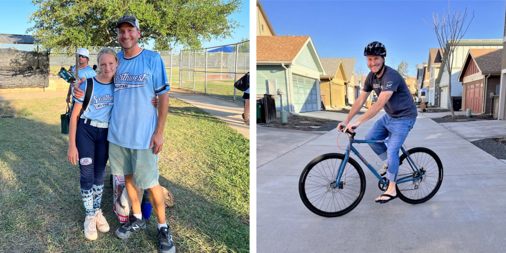 Two photos. On the left: Zach with his daughter at her softball game. On the right, Zach rides a bike down an Austin street.