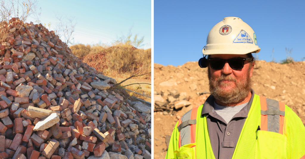 Left: A pile of reclaimed construction materials. Right: Bobby Currin stands at the reuse sorting area.
