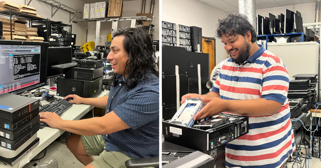 Left: Intern Sam works on running scripts to more effectively clear computers. Right: Intern Robert puts a computer tower back together.