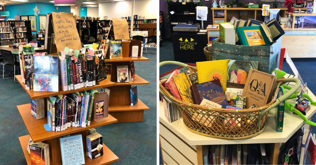 Sales displays at the Austin Public Library's Recycled Reads bookstore.