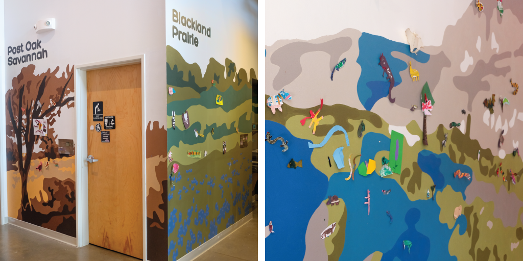 Left to right: two other ecoregions of the mural, text reads, "Post Oak Savannah" and "Blackland Prairie"; close-up shot of "Edwards Plateau" ecoregion wall.