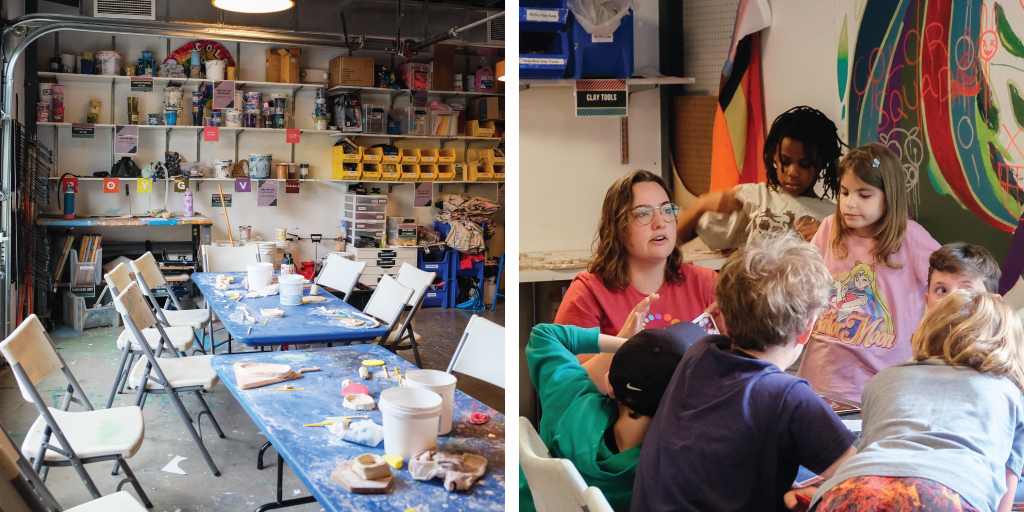 Left to right: Creative Action’s art studio just before the campers arrived; art teacher explaining the activity to the summer campers